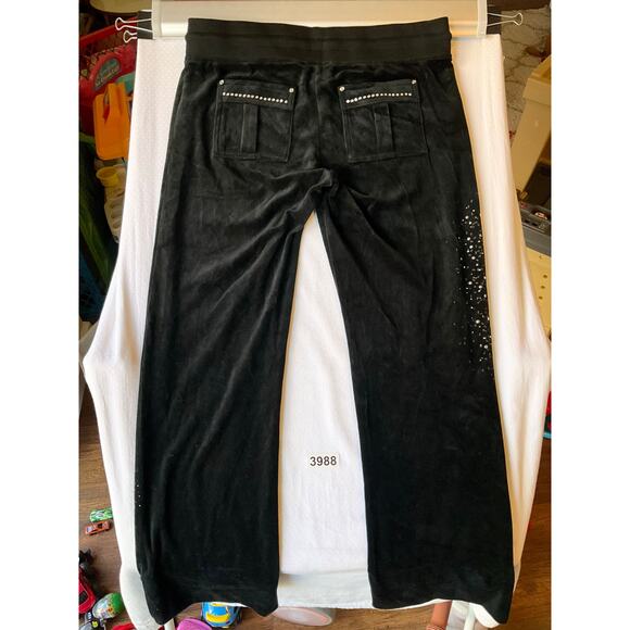 BCBGMAXAZRIA Women Velvet Pants size L Black Slightly Flared Rhinestones Trendy - Picture 13 of 13